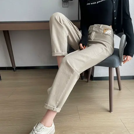 卷边直筒牛仔裤女春秋新款双扣高腰显瘦小个子九分哈伦萝卜老爹裤商品大图