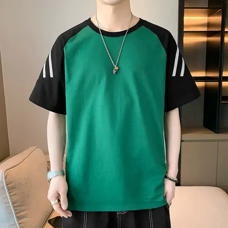 夏季男士短袖t恤纯棉潮流圆领打底衫2023新款拼接撞色半袖体恤衫T商品大图