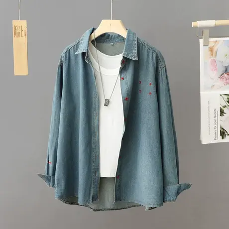 复古文艺做旧蓝色牛仔衬衫女外套2024年新款叠穿刺绣内搭上衣衬衣商品大图