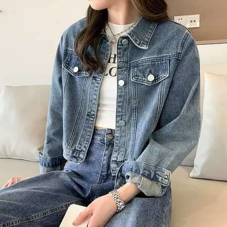 美式牛仔外套女短款春秋新款2024复古设计感小众小个子百搭上衣潮图片