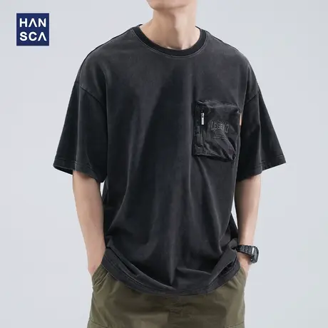hansca 纯棉t恤短袖男日系复古夏季潮牌水洗做旧休闲口袋工装上衣商品大图