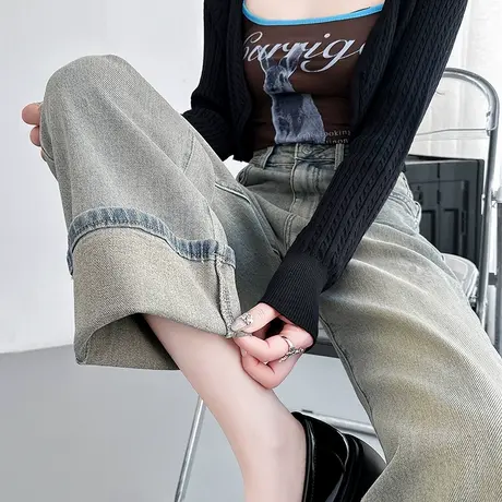 复古牛仔裤女宽松九分2024新款春秋高腰小个子翻边直筒窄版阔腿裤图片