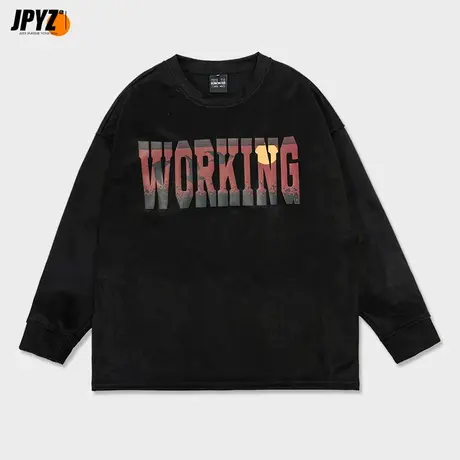 落日重磅无帽圆领卫衣男春秋落日渐变印花情侣装美式宽松休闲长袖商品大图