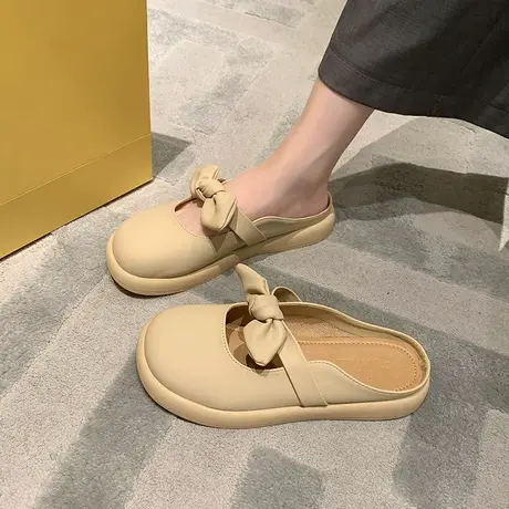 软皮包头半拖鞋女外穿2024夏季平底孕妇防滑懒人一脚蹬法式穆勒鞋图片