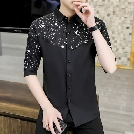 满天星印花衬衫男七分袖夏季设计感痞帅拼接衬衣发型师寸衫潮短袖商品大图