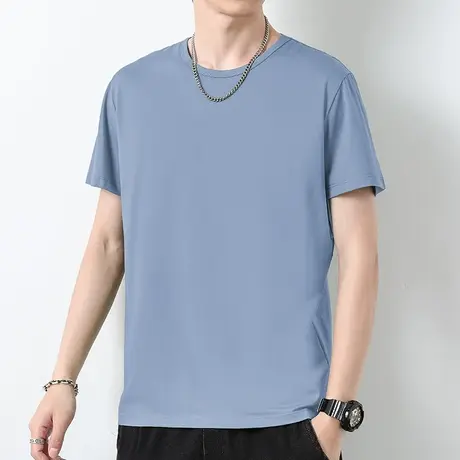 莫代尔冰丝短袖t恤男潮流夏季纯色半袖体恤衫速干凉感圆领上衣服商品大图