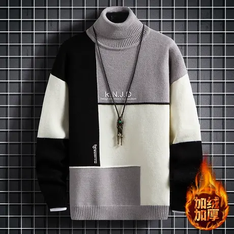 秋冬季男士半高领毛衣加绒加厚打底针织衫春秋款线衣潮2023年新款商品大图