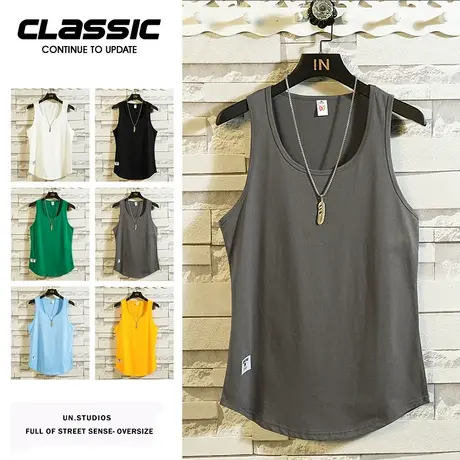 背心男纯色圆领夏季潮流坎肩健身篮球运动打底衫宽松情侣无袖T恤商品大图