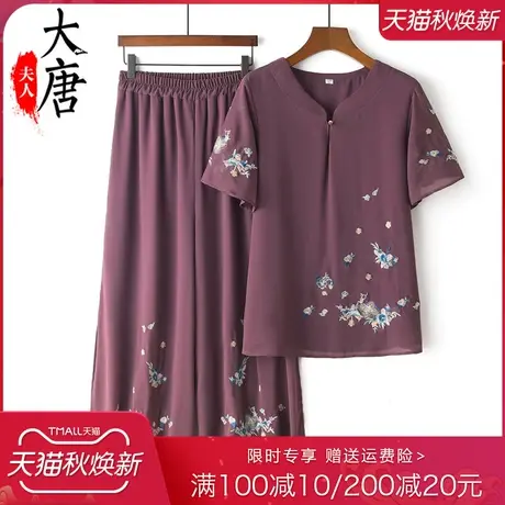 中老年人夏季雪纺套装女奶奶短袖T恤洋气妈妈夏天两件套绣花老人图片