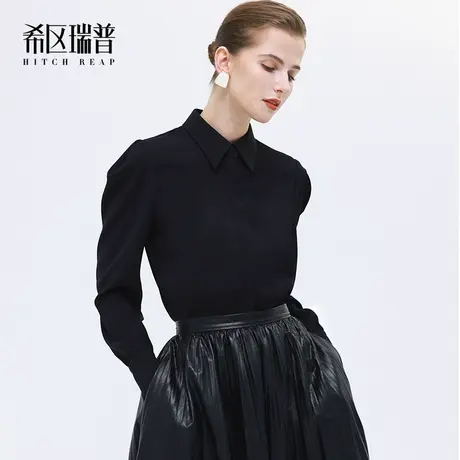 希区瑞普宽肩廓形衬衫女秋冬2023新款通勤修身复古翻领泡泡袖衬衣商品大图