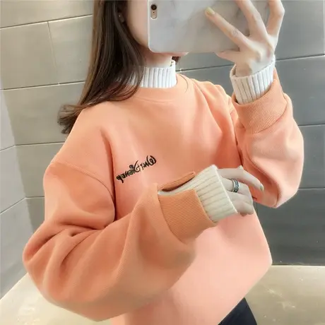 加绒加厚卫衣女2023年秋季新款宽松韩版打底上衣高领百搭秋冬外套商品大图