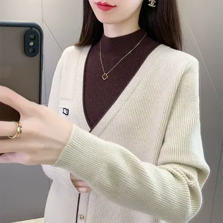 2023秋冬新款假两件女士毛衣半高领套头针织衫洋气外穿长袖上衣女图片