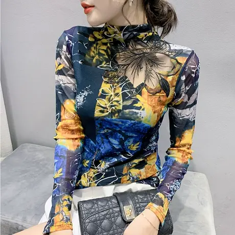 紧身内搭打底衫女春秋洋气印花T恤性感镂空女装网纱刺绣长袖上衣商品大图