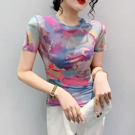 晕染印花T恤女短袖2023夏季新款时尚网纱小衫洋气修身显瘦上衣ins商品大图