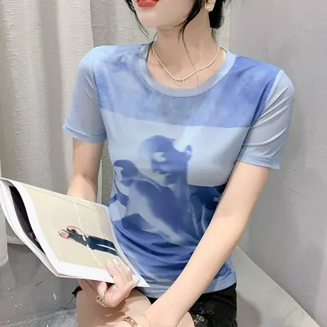 夏装新款时尚圆领网纱T恤女短袖扎染印花小衫修身显瘦百搭上衣潮商品大图