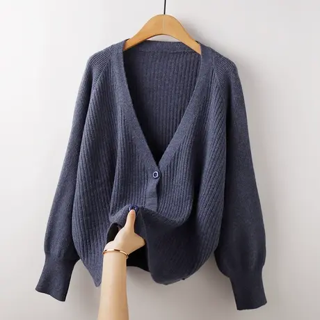 针织衫女开衫春秋2021年新款长袖外搭v领宽松慵懒风秋季毛衣外套商品大图