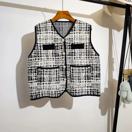 小香风针织马甲开衫女春秋新款宽松v领无袖坎肩毛衣背心马夹外套商品大图