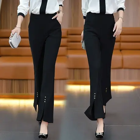 高腰微喇西装裤女春秋时尚开叉弹力收腹喇叭裤韩版显瘦洋气小黑裤商品大图