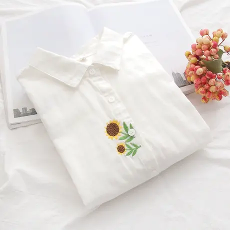 春秋装日系文艺小清新花朵刺绣双层纱纯棉长袖白色衬衫女打底上衣图片