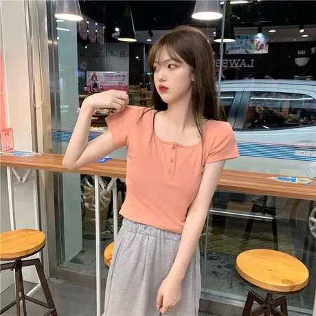 灰色t恤女夏ins潮泫雅风修身露脐短款bm上衣方领短袖体恤配高腰裤商品大图