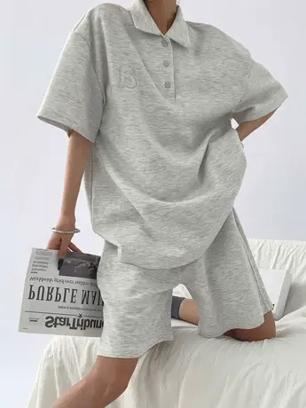 网红炸街运动服套装polo衫女夏季薄款宽松短袖短裤时尚休闲两件套商品大图