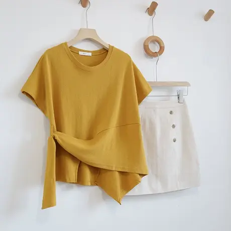 短袖t恤女夏季2020新款韩版ins潮不规则系带设计感纯色宽松上衣服商品大图