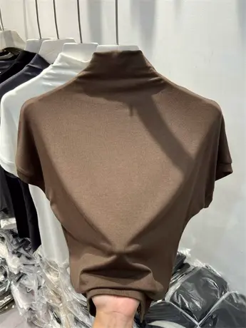 法式简约针织衫休闲宽松遮肉高领T恤女2023早秋新款短袖温柔体恤商品大图