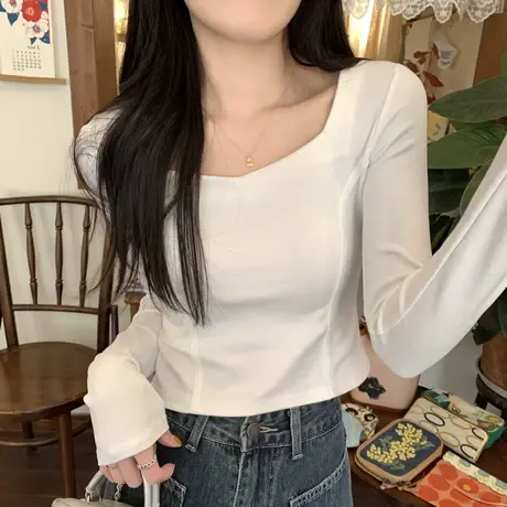 领鱼骨设计感长袖t恤女春秋季白色内搭甜辣妹打底衫短款正肩上衣商品大图