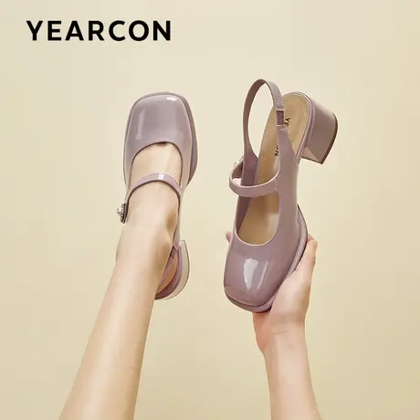 意尔康时装凉鞋女2023年新款夏季女鞋珍珠扣包头玛丽珍皮鞋高跟鞋商品大图