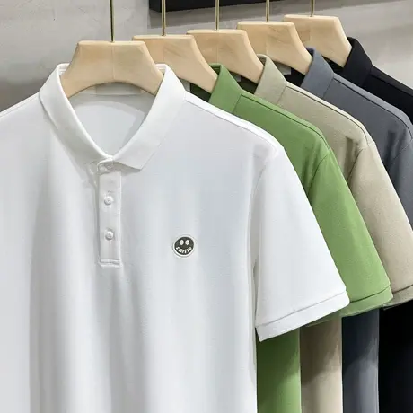 2023夏季款冰丝高端刺绣polo衫英伦男士修身短袖笑脸翻领t恤上衣商品大图