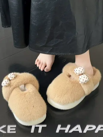 甜美可爱蝴蝶结包头棉拖鞋女秋冬季居家软乎乎舒适厚底毛绒绒拖鞋商品大图