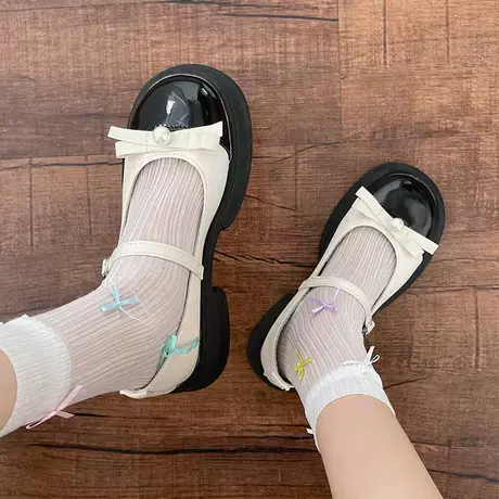 日系jk圆玛丽珍鞋女2023夏新款复古法式浅口拼色珍珠蝴蝶结小皮鞋商品大图