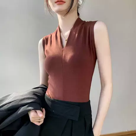 V领无袖背心女2023夏新款紧身收腰欧货设计感打底衫衬衫内搭上衣图片