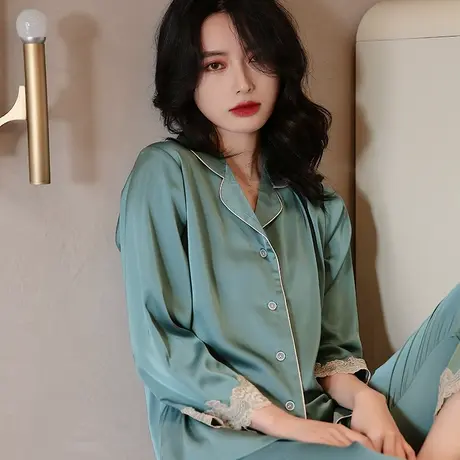 2023新款潮睡衣女夏冰丝薄款两件套长袖可出门外穿休闲家居服春秋图片