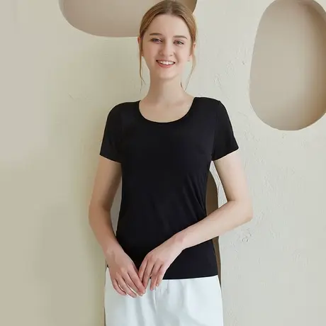 单件睡衣女上衣夏薄款莫代尔运动瑜伽服短袖带胸罩睡衣居家服大码图片