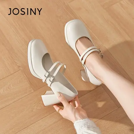 Josiny/卓诗尼玛丽珍女鞋2023秋季新款时尚粗跟浅口一字带高跟鞋商品大图