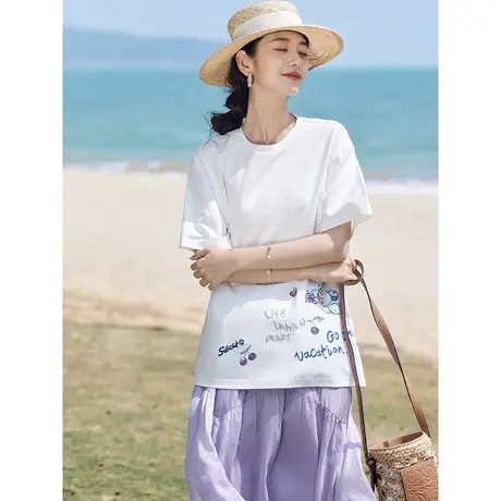 茵曼趣味百搭T恤2023夏季女装新款修身显瘦圆领短袖绣花白色上衣商品大图