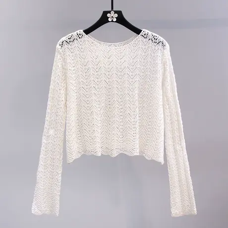 夏季薄款镂空针织衫女2023新款宽松设计感短款防晒套头罩衫上衣商品大图