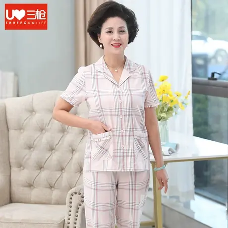 三枪中老年睡衣女夏纯棉薄款格子翻领妈妈短袖长裤老人家居服套装图片