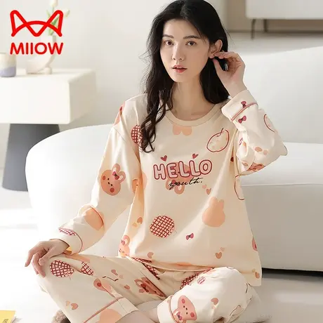 猫人纯棉睡衣女春秋季带胸垫长袖2023新款可外穿家居服套装可外穿商品大图