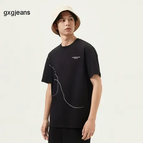 gxg.jeans男装 25年夏新款个性线条简约时尚宽松男士圆领短袖T恤图片