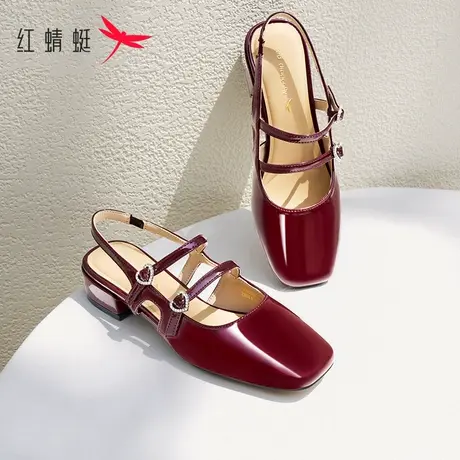 红蜻蜓包头凉鞋女2025夏季新款女鞋红色玛丽珍高跟鞋法式后空单鞋商品大图