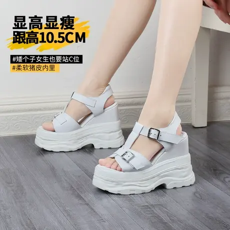 10cm罗马凉鞋女款外穿夏季白色牛皮一字扣凉鞋厚底松糕高跟女鞋子图片