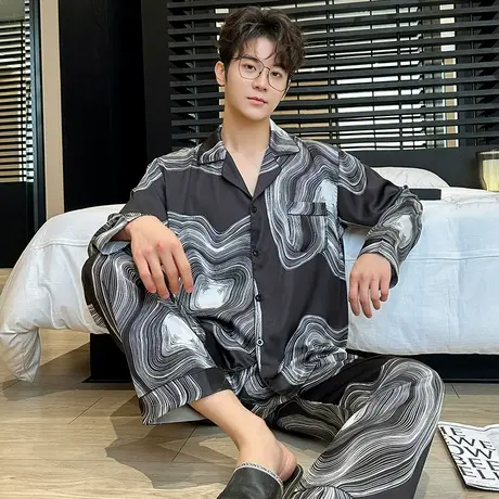 冰丝睡衣男士春夏秋长袖长裤开衫泼墨仿真丝套装高级感丝绸家居服商品大图