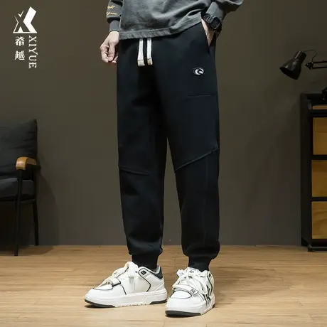 希越拼接微弹休闲裤男2023秋季宽松大码潮流百搭刺绣针织直筒长裤图片
