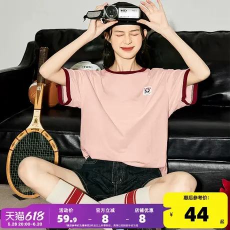 唐狮2025夏季新款女短袖撞色T恤简约熊猫绣花休闲纯棉宽松上衣sz商品大图