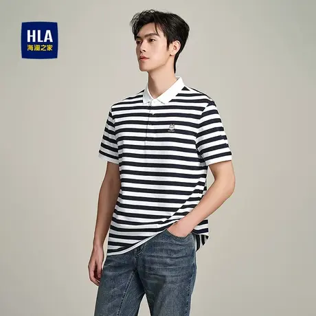 HLA/海澜之家卡通刺绣POLO衫25夏季新撞色条纹翻领弹柔珠地短袖男图片