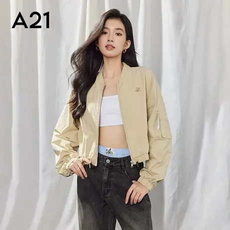 A21女装杏色立领宽松短外套休闲短款抽绳飞行员夹克图片