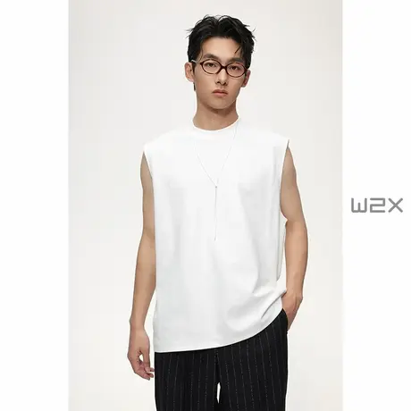 w2x夏季华夫格无袖圆领设计感宽松短袖T恤男青年休闲百搭背心体恤商品大图