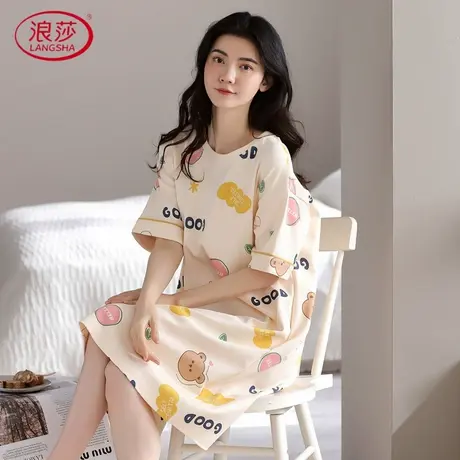 浪莎睡裙女士夏季2025年新款纯棉短袖带胸垫中长款连衣裙家居服商品大图